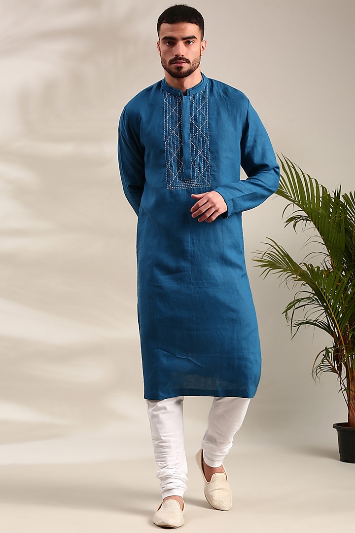 Blue Linen Kurta Set by Mayank Modi