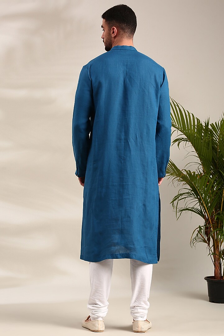 Blue Linen Kurta Set by Mayank Modi at Pernia's Pop Up Shop