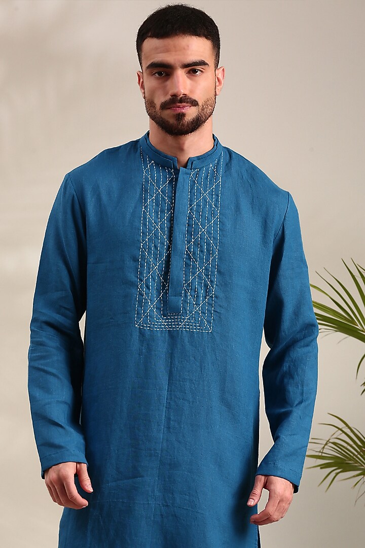 Blue Linen Kurta Set by Mayank Modi at Pernia's Pop Up Shop