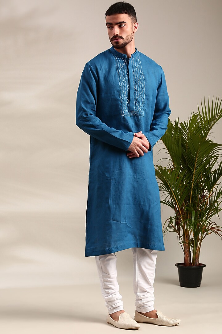 Blue Linen Kurta Set by Mayank Modi at Pernia's Pop Up Shop