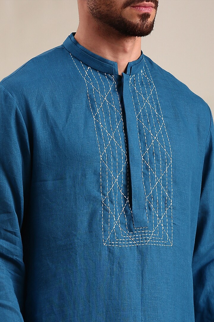 Blue Linen Kurta Set by Mayank Modi at Pernia's Pop Up Shop