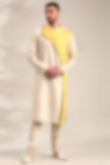 Beige & Yellow Silk Linen Kurta Set by Mayank Modi