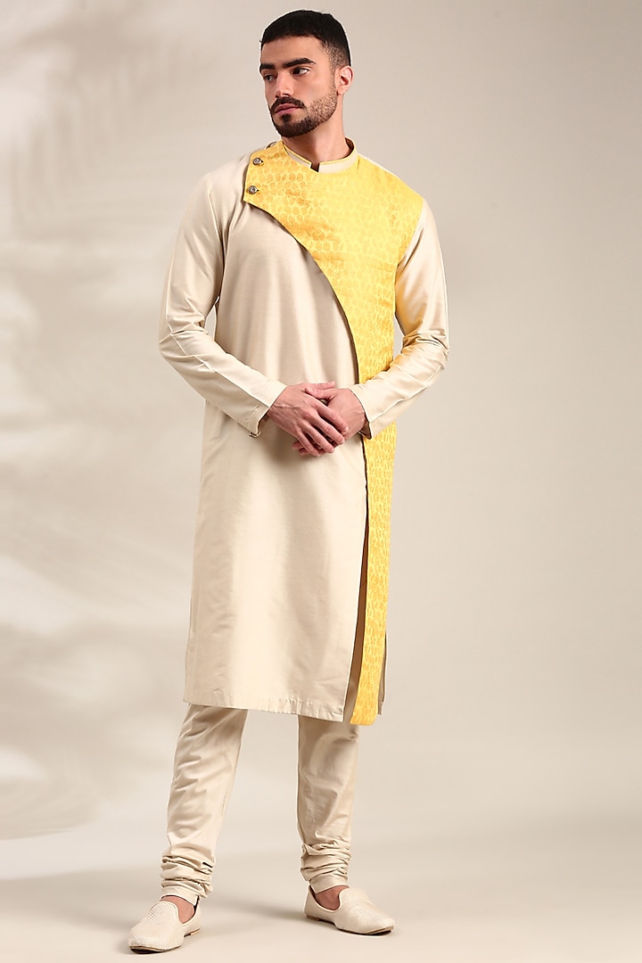 Beige & Yellow Silk Linen Kurta Set by Mayank Modi