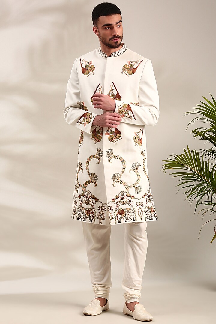 Ivory Slub Silk Embroidered Groom Sherwani Set by Mayank Modi at Pernia's Pop Up Shop