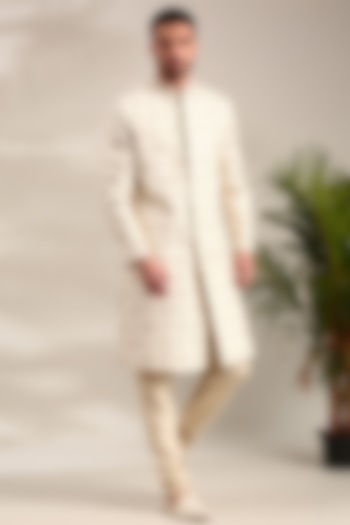 Ivory Chanderi Embroidered Wedding Sherwani Set by Mayank Modi at Pernia's Pop Up Shop