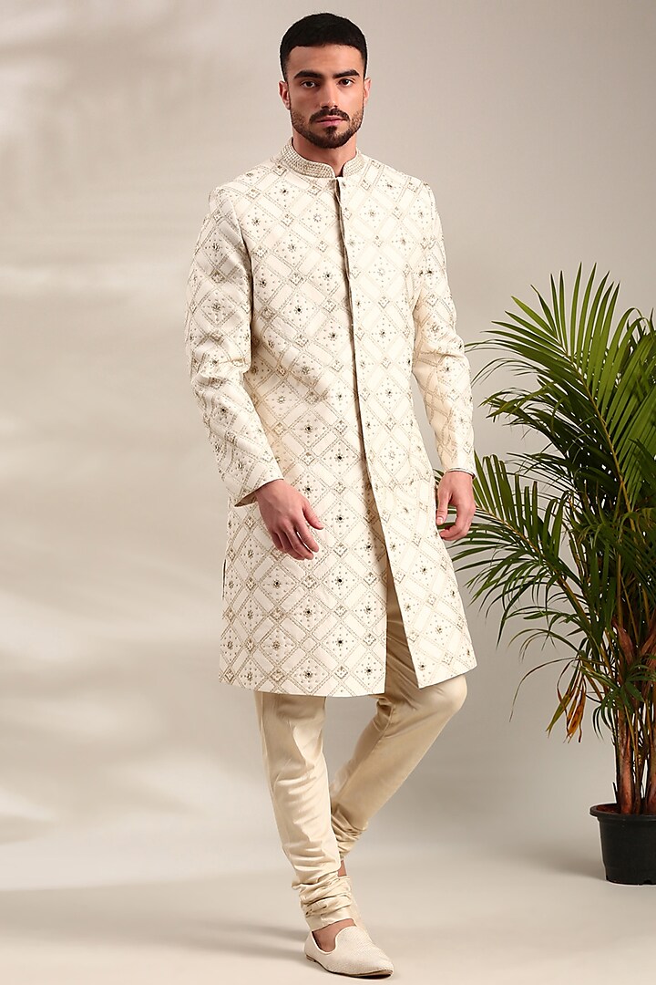 Ivory Chanderi Embroidered Wedding Sherwani Set by Mayank Modi at Pernia's Pop Up Shop