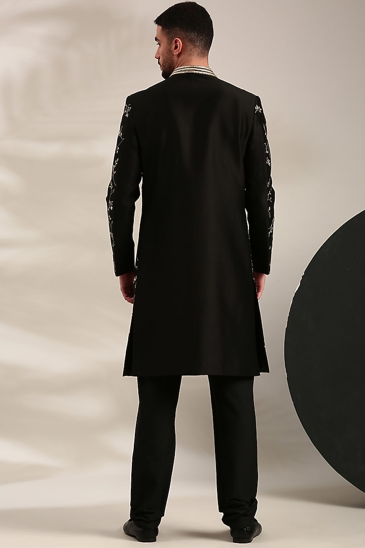 Black Chanderi Embroidered Wedding Sherwani Set by Mayank Modi at Pernia's Pop Up Shop