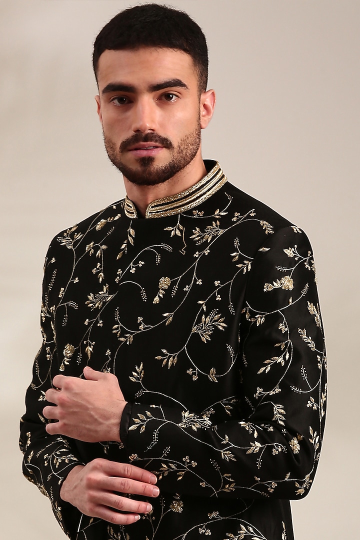 Black Chanderi Embroidered Wedding Sherwani Set by Mayank Modi at Pernia's Pop Up Shop
