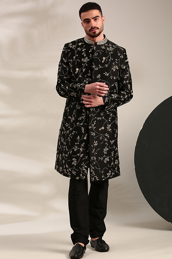 Black Chanderi Embroidered Wedding Sherwani Set by Mayank Modi at Pernia's Pop Up Shop