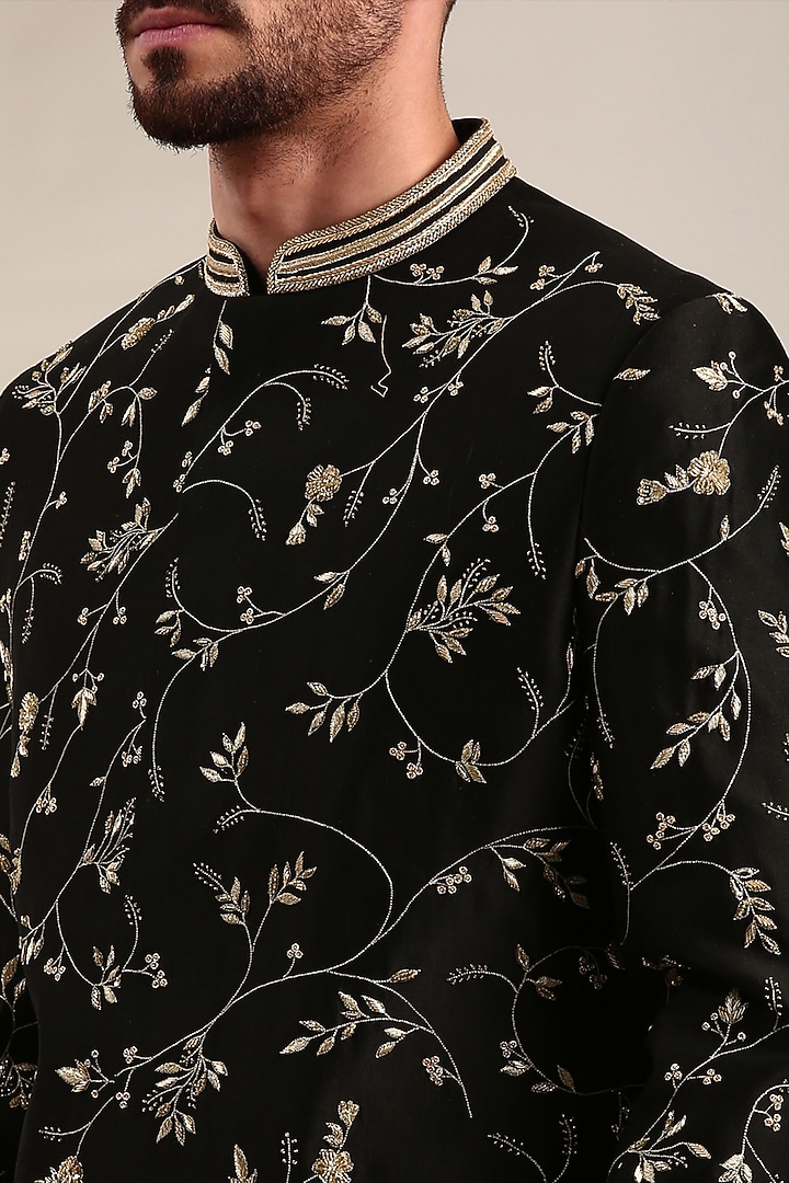 Black Chanderi Embroidered Wedding Sherwani Set by Mayank Modi at Pernia's Pop Up Shop