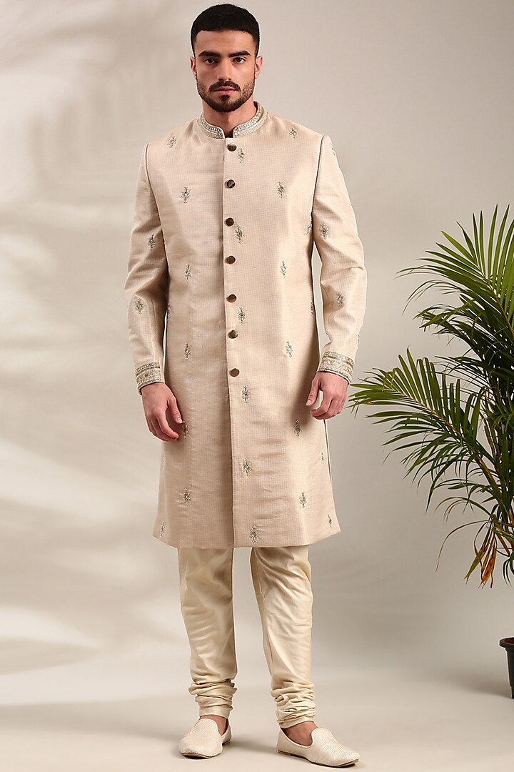 Gold Chanderi Wedding Sherwani Set by Mayank Modi at Pernia's Pop Up Shop