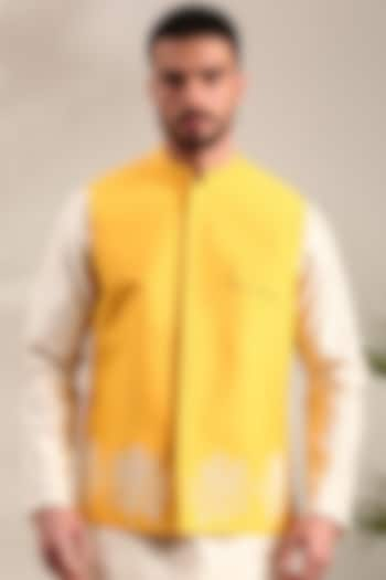 Yellow Silk Cotton Embroidered Nehru Jacket by Mayank Modi