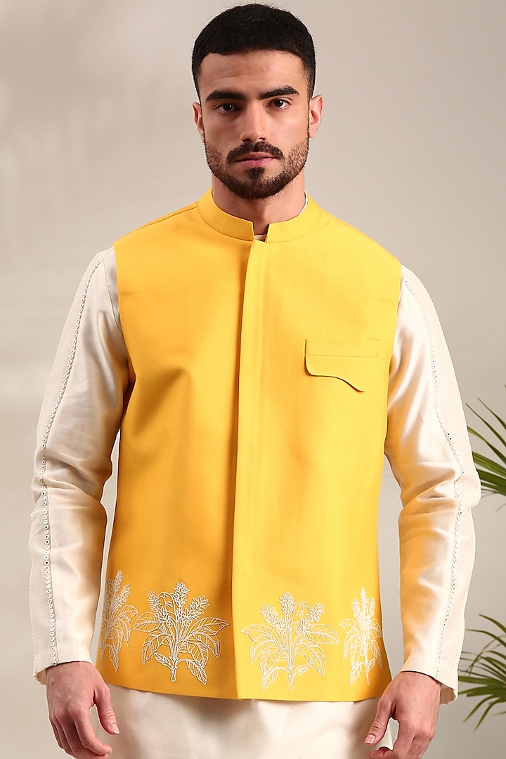 Yellow Silk Cotton Embroidered Nehru Jacket by Mayank Modi