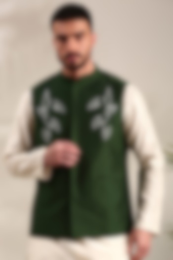 Bottle Green Silk Cotton Nehru Jacket by Mayank Modi at Pernia's Pop Up Shop