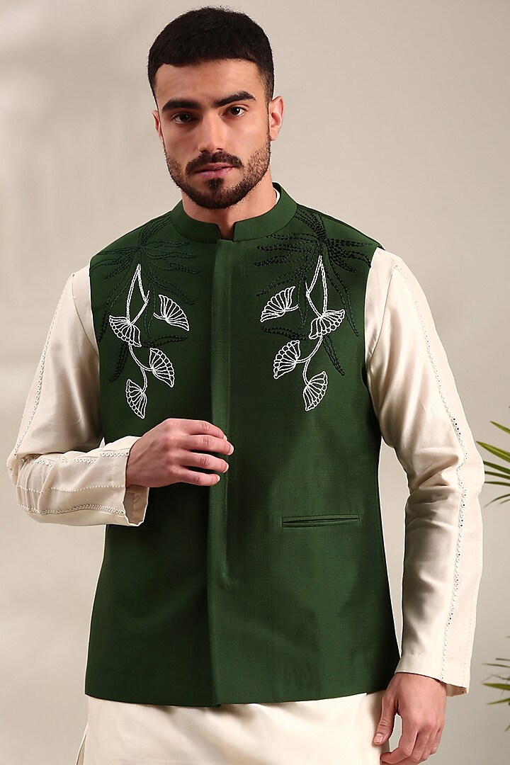 Bottle Green Silk Cotton Nehru Jacket by Mayank Modi at Pernia's Pop Up Shop