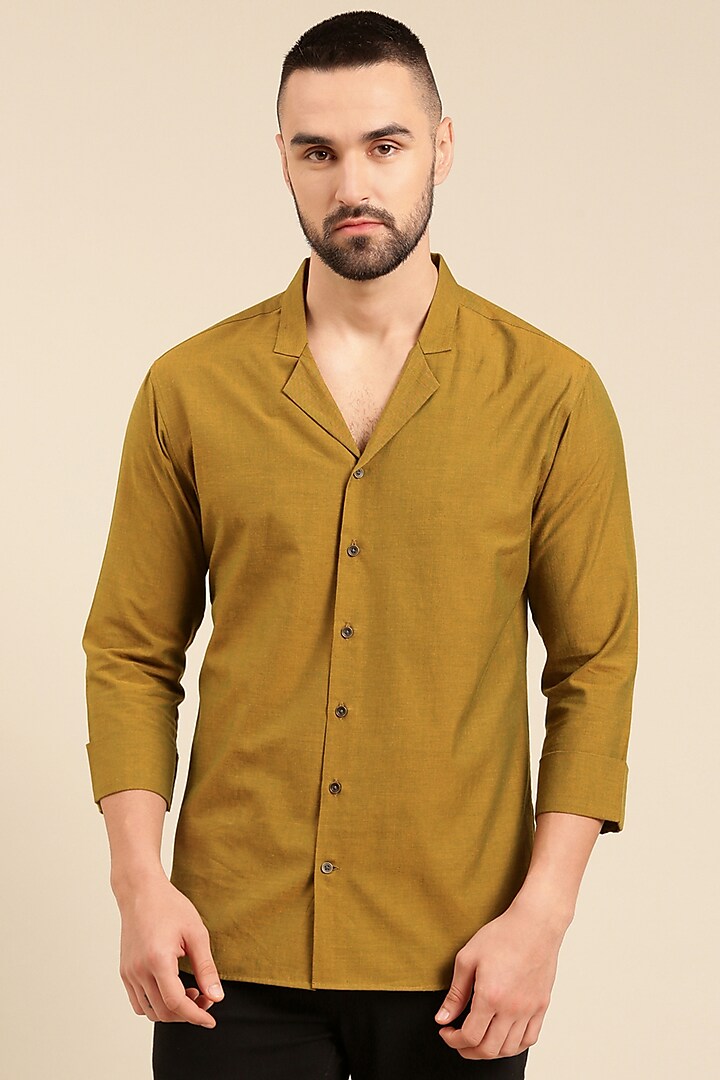 Mustard Green Malai Cotton Shirt by Mayank Modi