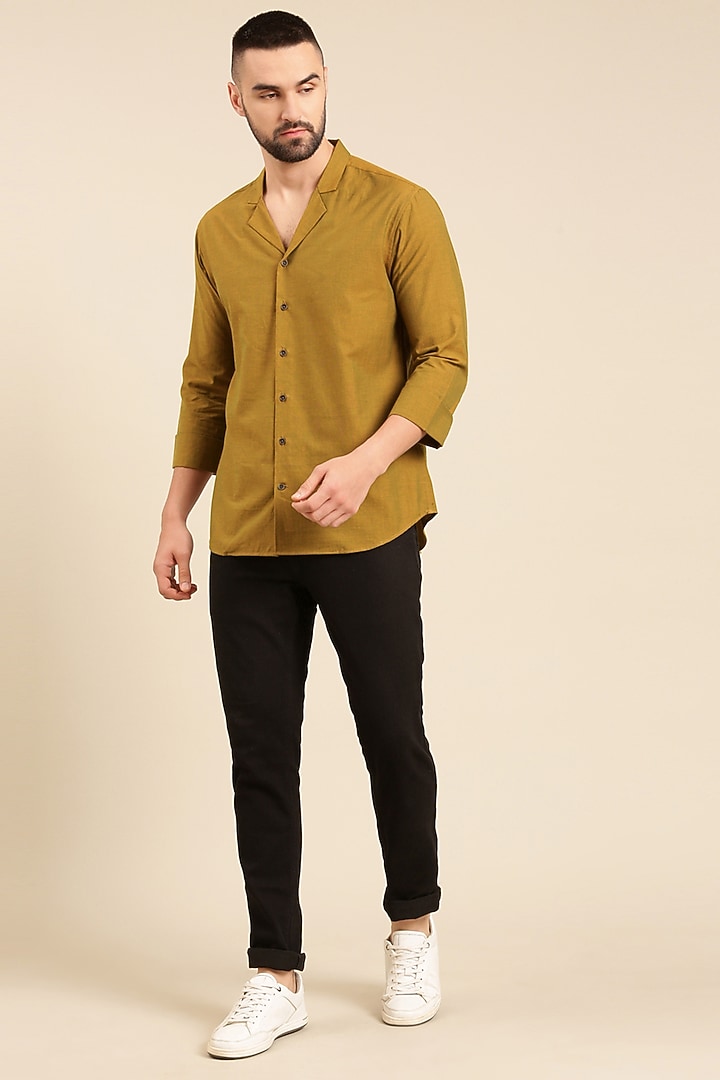 Mustard Green Malai Cotton Party Wear Shirt by Mayank Modi at Pernia's Pop Up Shop