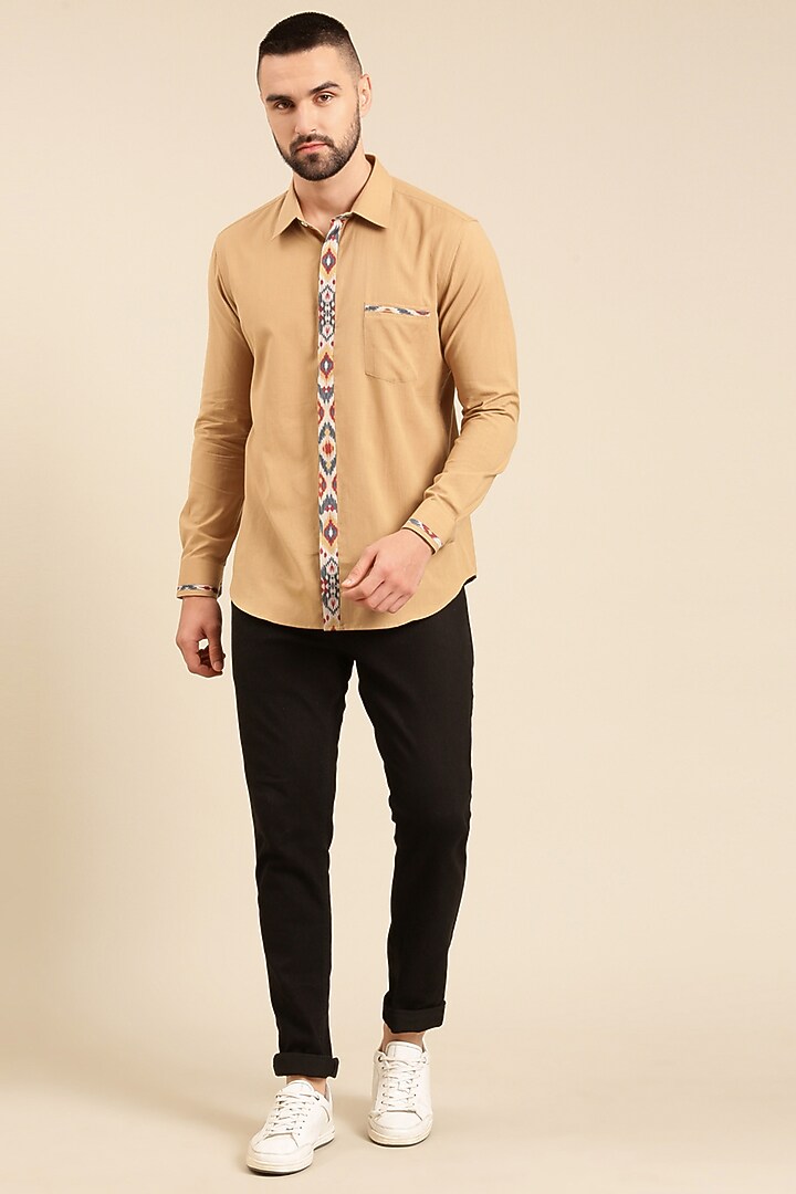 Khaki Muslin & Cotton Printed Party Wear Shirt by Mayank Modi at Pernia's Pop Up Shop