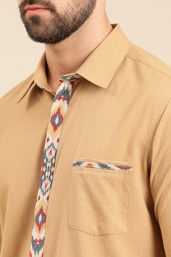 Khaki Muslin & Cotton Printed Party Wear Shirt by Mayank Modi at Pernia's Pop Up Shop
