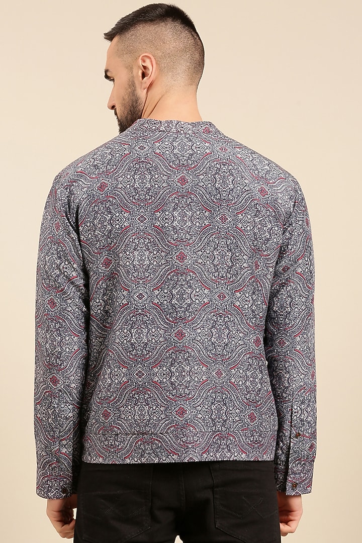 Blue Linen Bemberg Printed Bomber Jacket by Mayank Modi at Pernia's Pop Up Shop