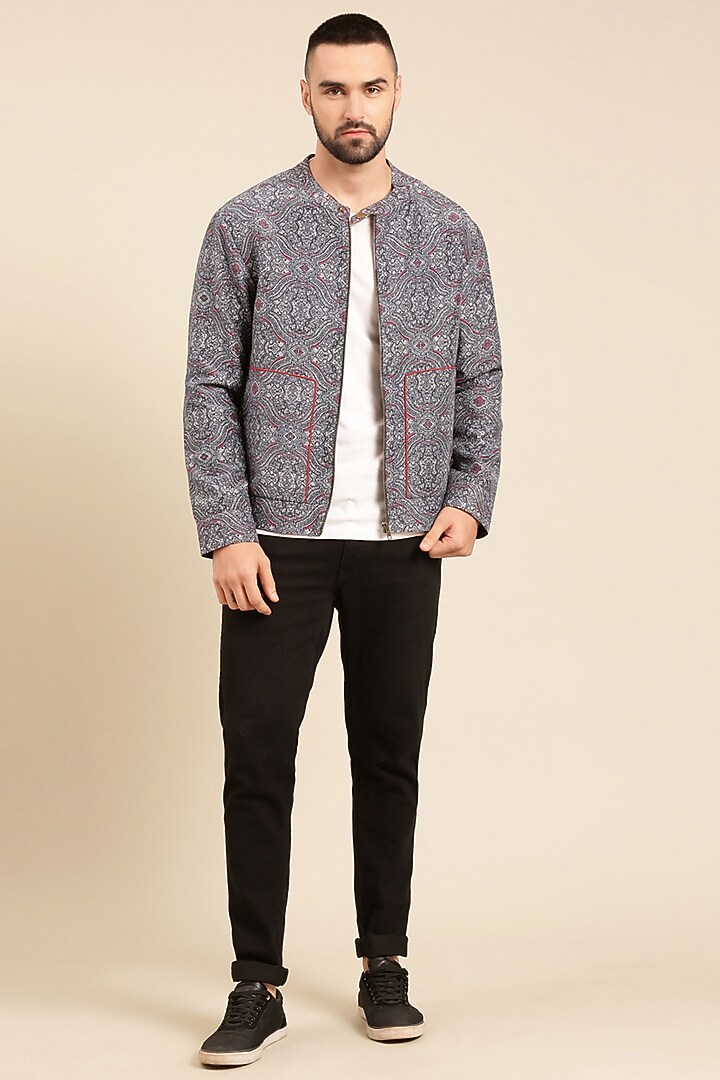 Blue Linen Bemberg Printed Bomber Jacket by Mayank Modi at Pernia's Pop Up Shop
