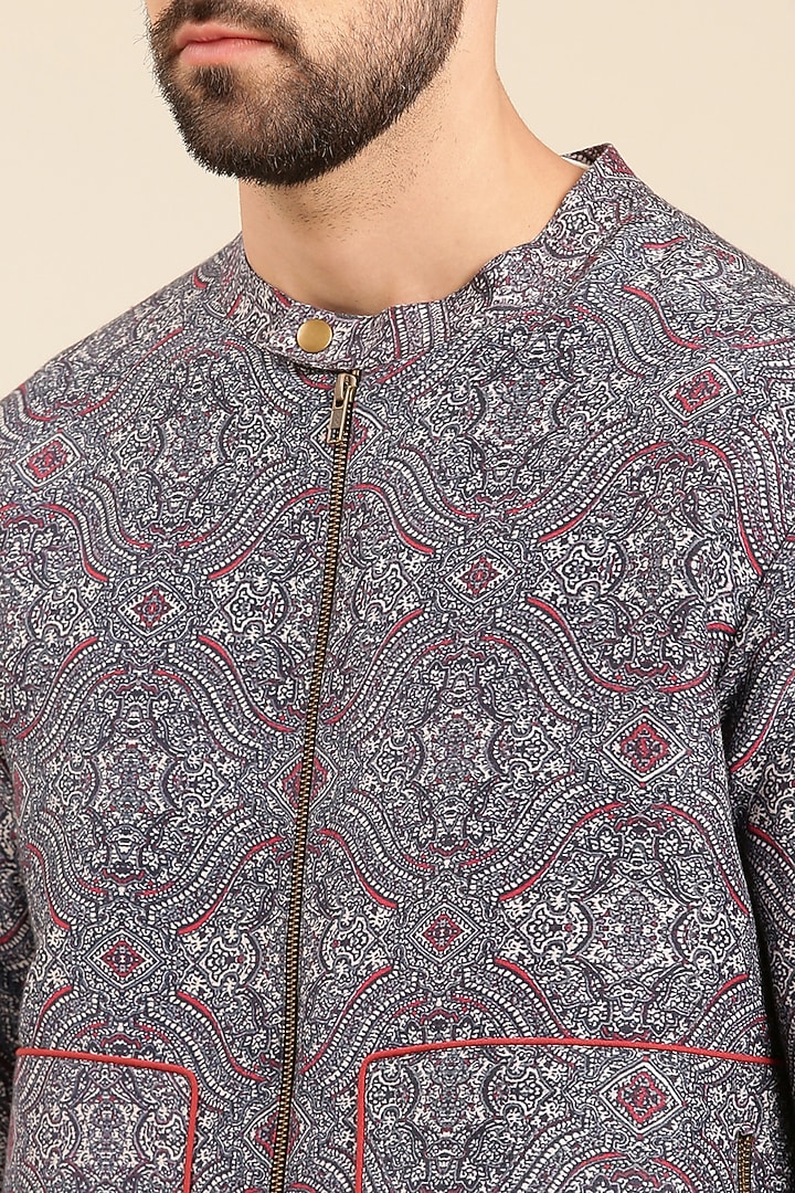 Blue Linen Bemberg Printed Bomber Jacket by Mayank Modi at Pernia's Pop Up Shop
