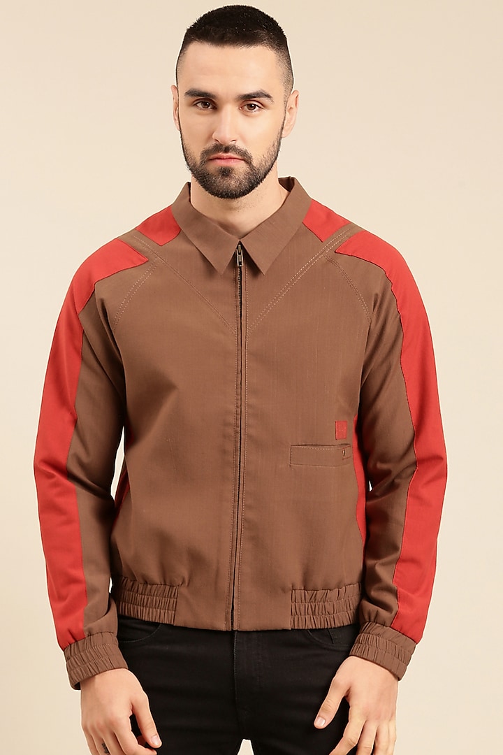 Brown & Red Malai Cotton Bomber Jacket by Mayank Modi
