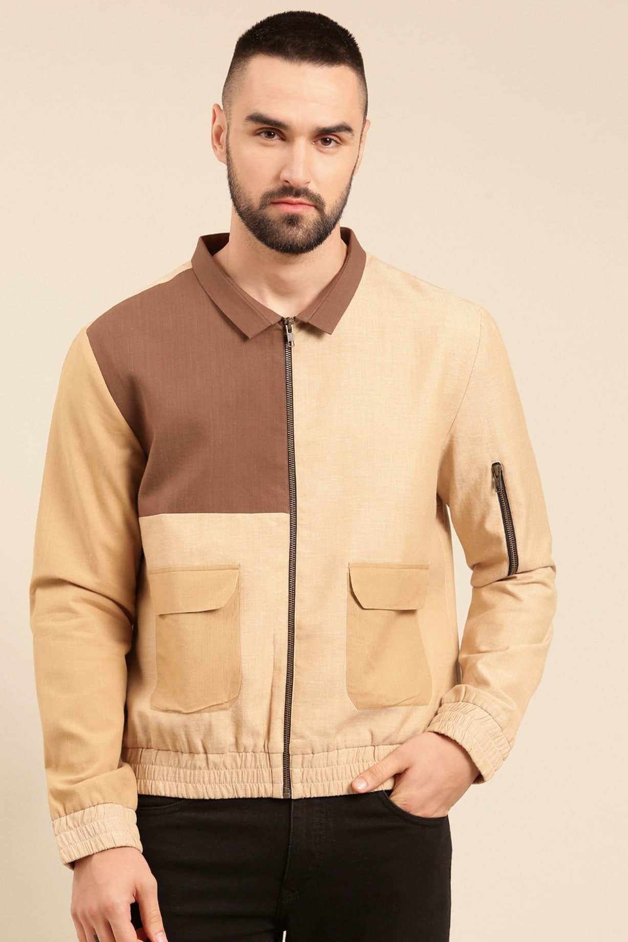 Beige Brown Malai Cotton Bomber Jacket by Mayank Modi at