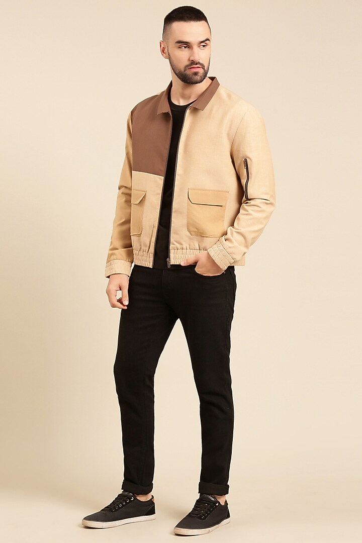 Beige & Brown Malai Cotton Bomber Jacket by Mayank Modi at Pernia's Pop Up Shop