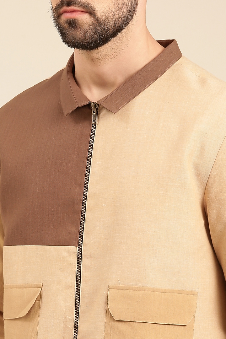 Beige & Brown Malai Cotton Bomber Jacket by Mayank Modi at Pernia's Pop Up Shop