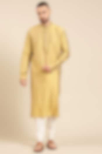 Yellow Cotton Silk Jacquard Kurta Set by Mayank Modi