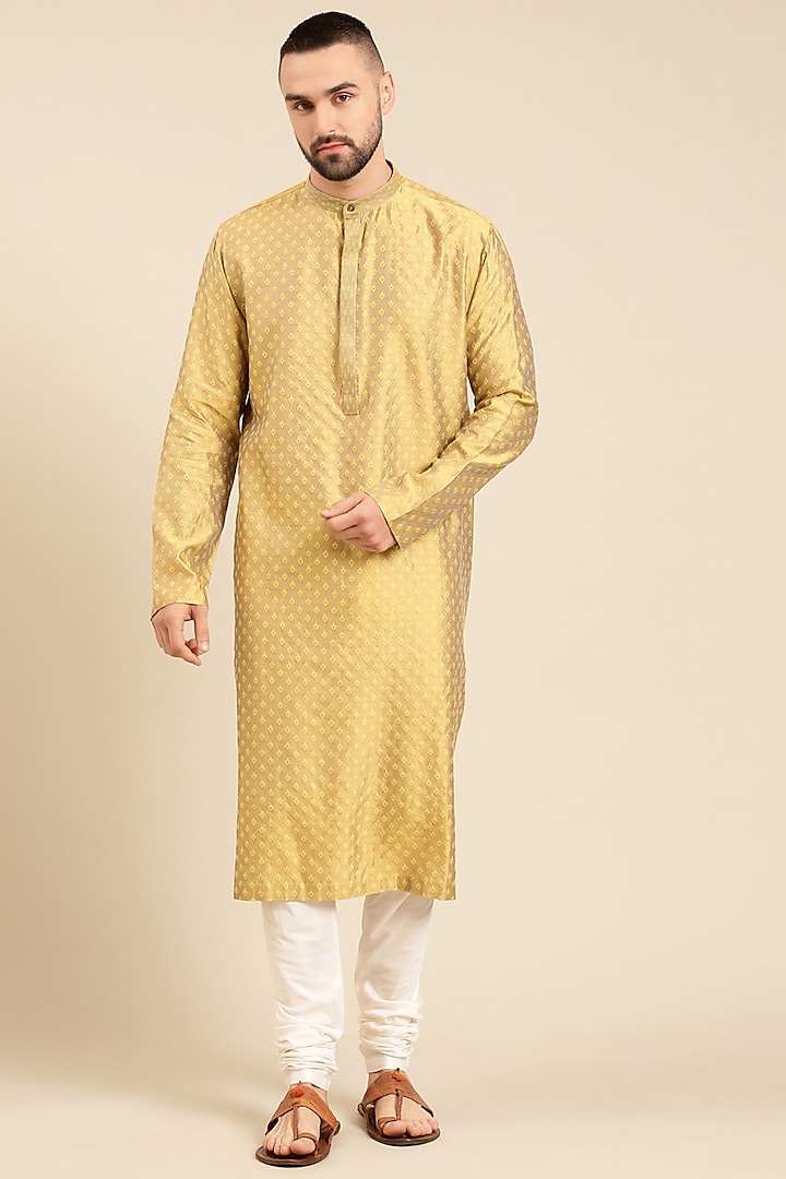 Yellow Cotton Silk Jacquard Kurta Set by Mayank Modi