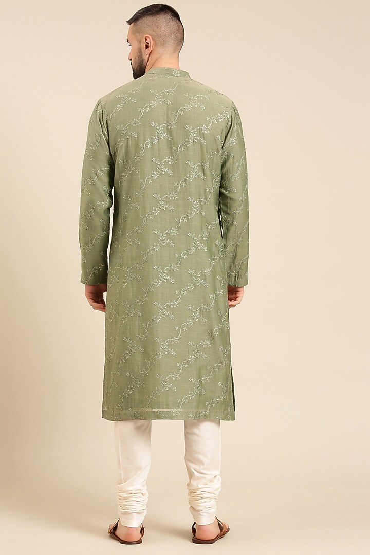 Green Silk & Chanderi Kurta Set by Mayank Modi at Pernia's Pop Up Shop
