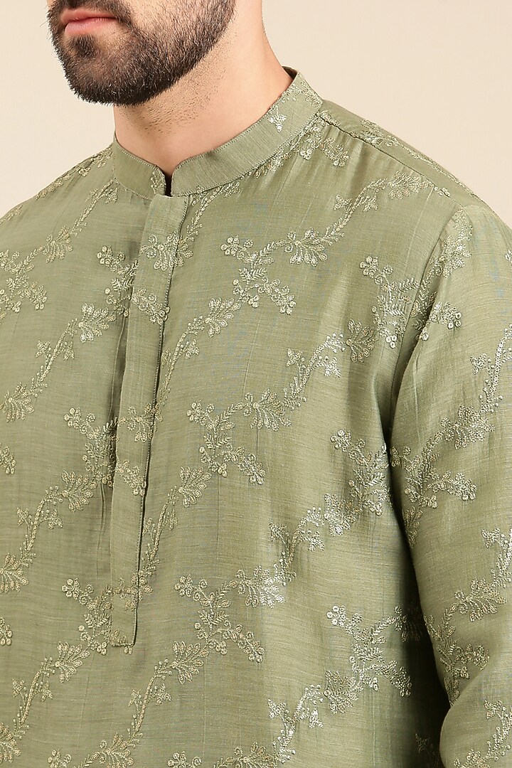 Green Silk & Chanderi Kurta Set by Mayank Modi at Pernia's Pop Up Shop