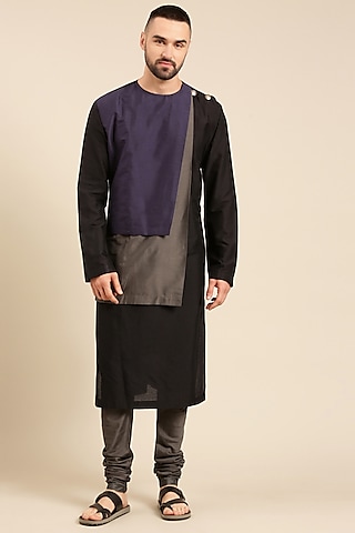 Mayank Modi - Men Linen Printed Kurta, Black, Linen, Round, Full