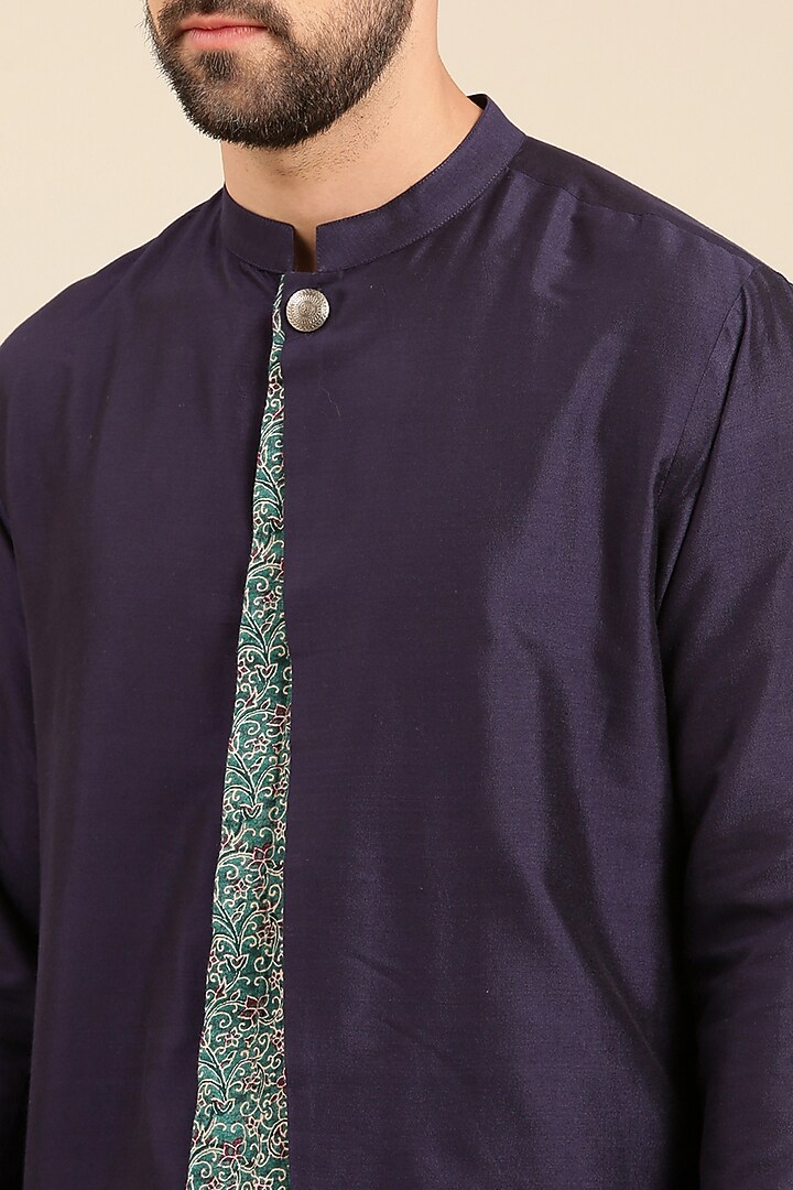 Blue Silk & Linen Kurta Set by Mayank Modi at Pernia's Pop Up Shop