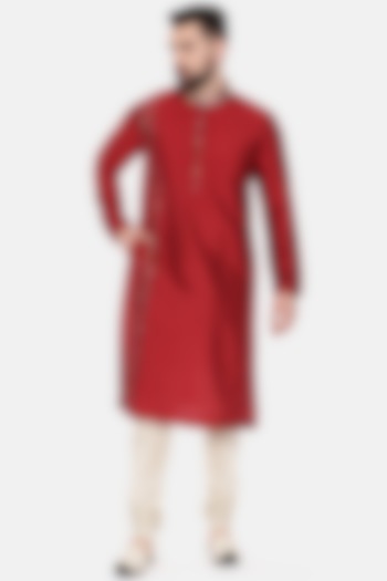 Red Silk Printed Kurta Set For Boys by Mayank Modi - Kids at Pernia's Pop Up Shop