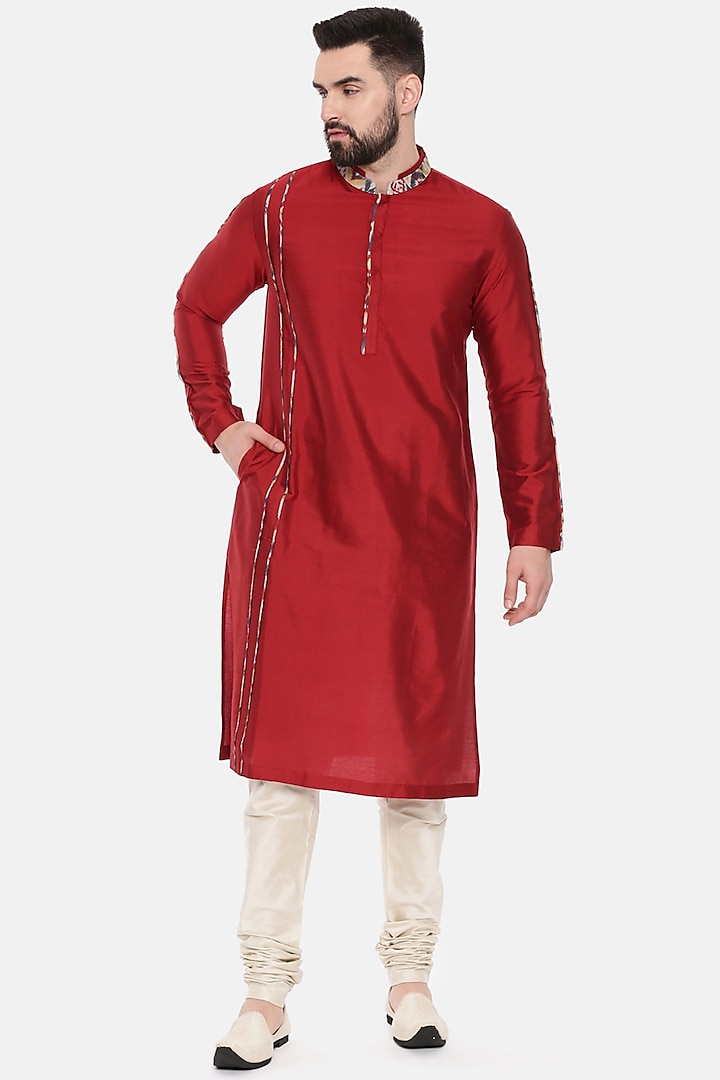 Red Silk Printed Kurta Set For Boys by Mayank Modi - Kids at Pernia's Pop Up Shop