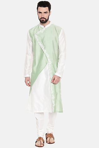 Ivory & Pastel Green Silk Hand Embroidered Kurta Set For Boys by Mayank Modi - Kids