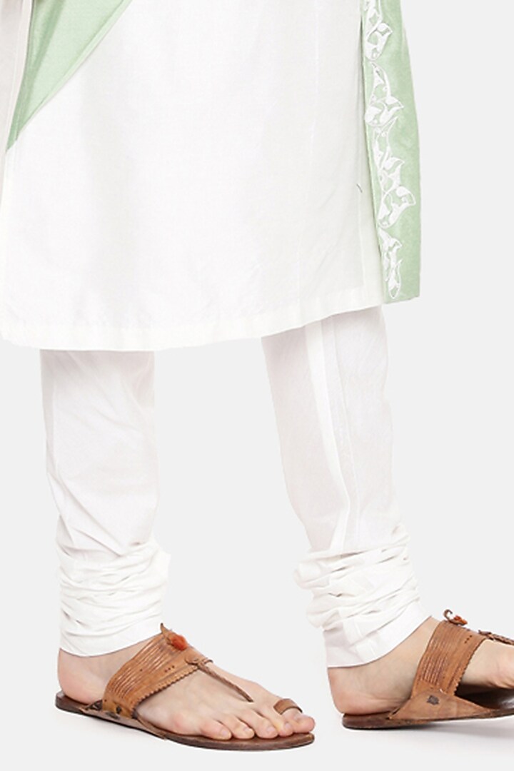 Ivory & Pastel Green Silk Hand Embroidered Kurta Set For Boys by Mayank Modi - Kids at Pernia's Pop Up Shop