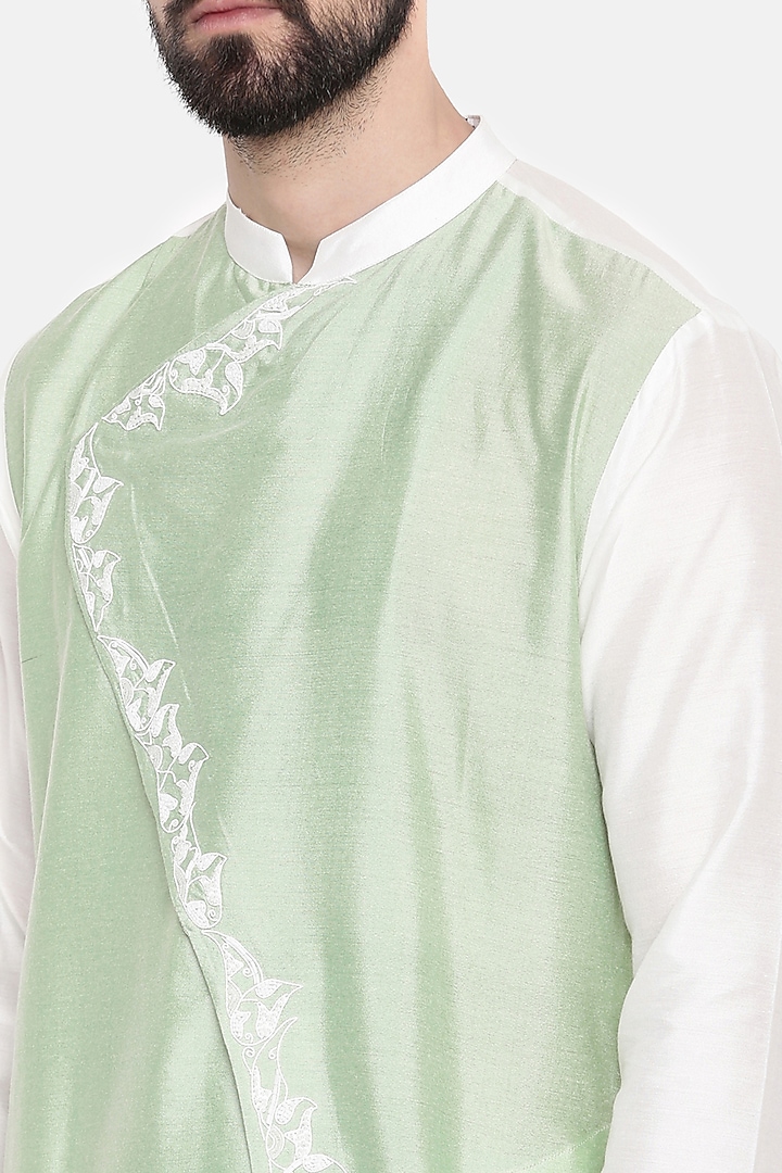 Ivory & Pastel Green Silk Hand Embroidered Kurta Set For Boys by Mayank Modi - Kids at Pernia's Pop Up Shop