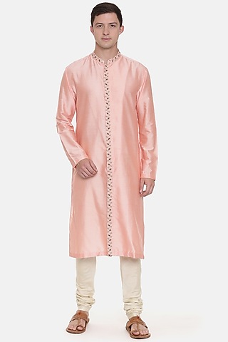 Pink Silk Cotton Embroidered Kurta Set For Boys by Mayank Modi - Kids
