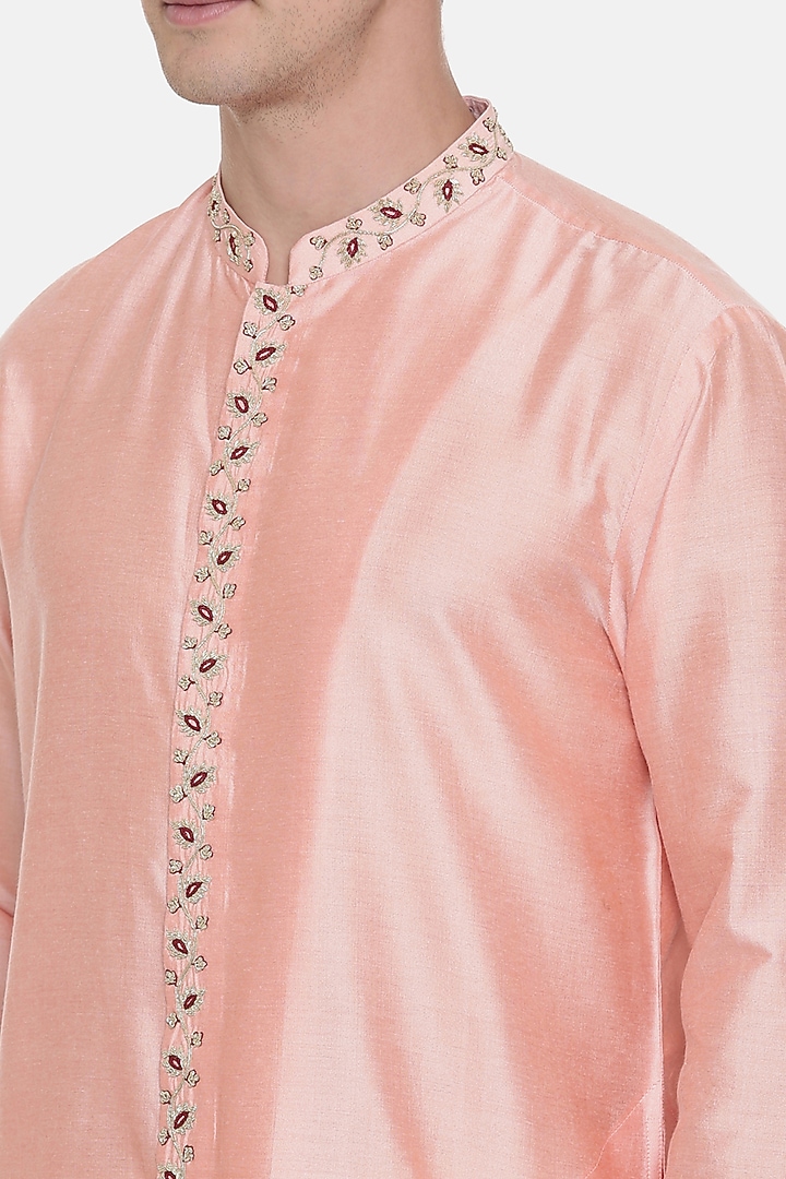 Pink Silk Cotton Embroidered Kurta Set For Boys by Mayank Modi - Kids at Pernia's Pop Up Shop