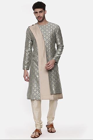 Green Banarasi Silk Brocade Kurta Set For Boys by Mayank Modi - Kids
