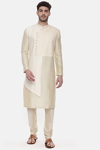 Beige & Ivory Silk Cotton Kurta Set For Boys by Mayank Modi - Kids
