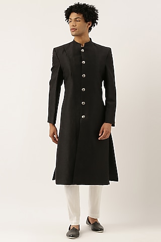 Black Silk Sherwani For Boys by Mayank Modi - Kids