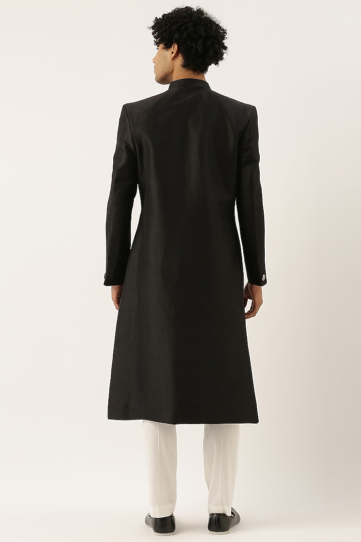 Black Silk Sherwani For Boys by Mayank Modi - Kids at Pernia's Pop Up Shop