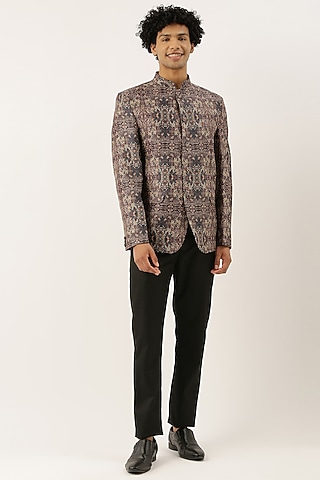 Brown Chanderi Printed Bandhgala Jacket For Boys by Mayank Modi - Kids