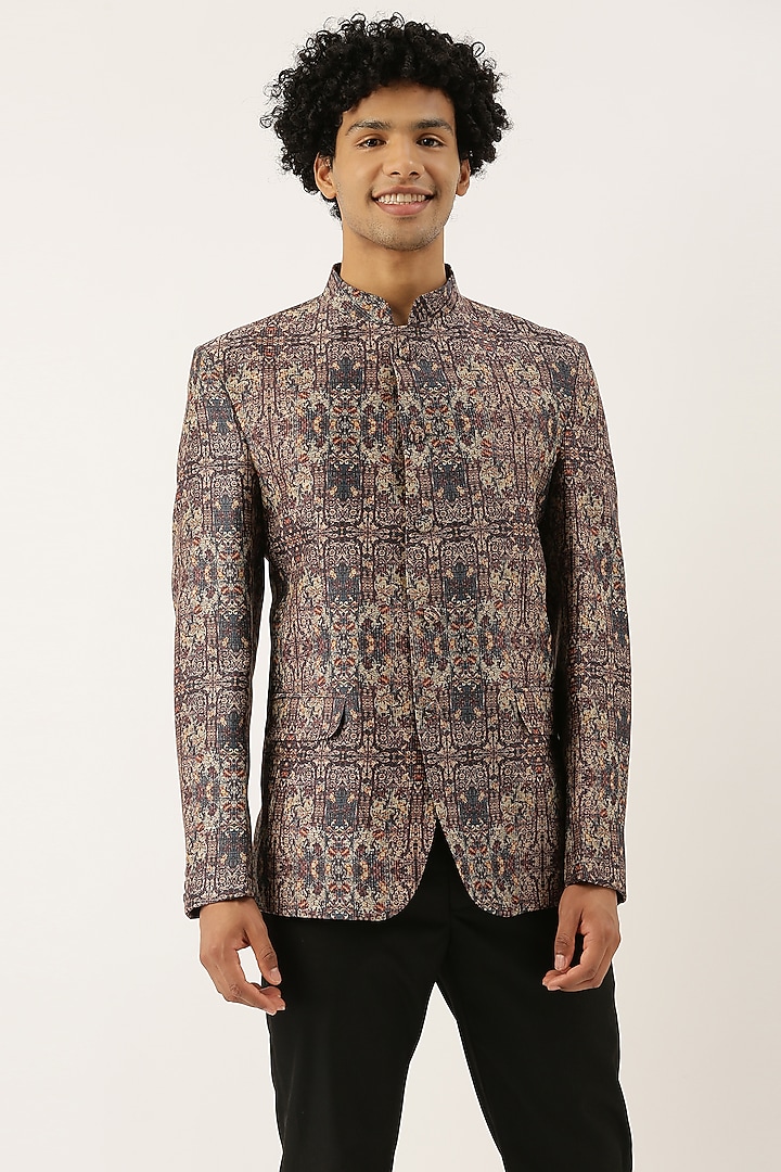 Brown Chanderi Printed Bandhgala Jacket For Boys by Mayank Modi - Kids at Pernia's Pop Up Shop