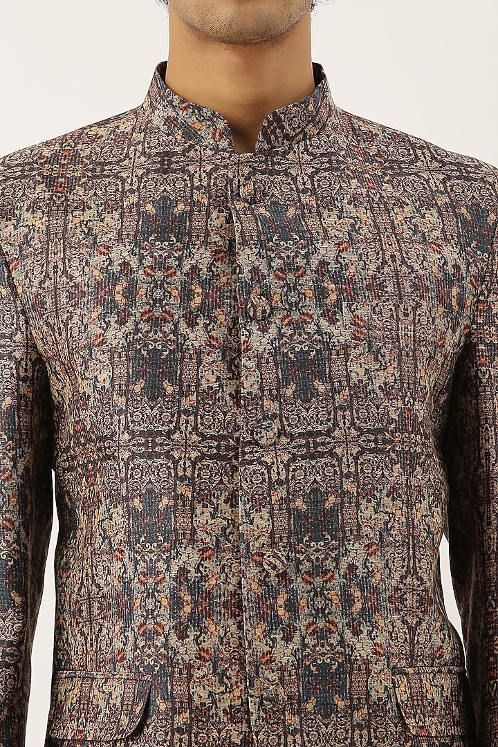 Brown Chanderi Printed Bandhgala Jacket For Boys by Mayank Modi - Kids at Pernia's Pop Up Shop